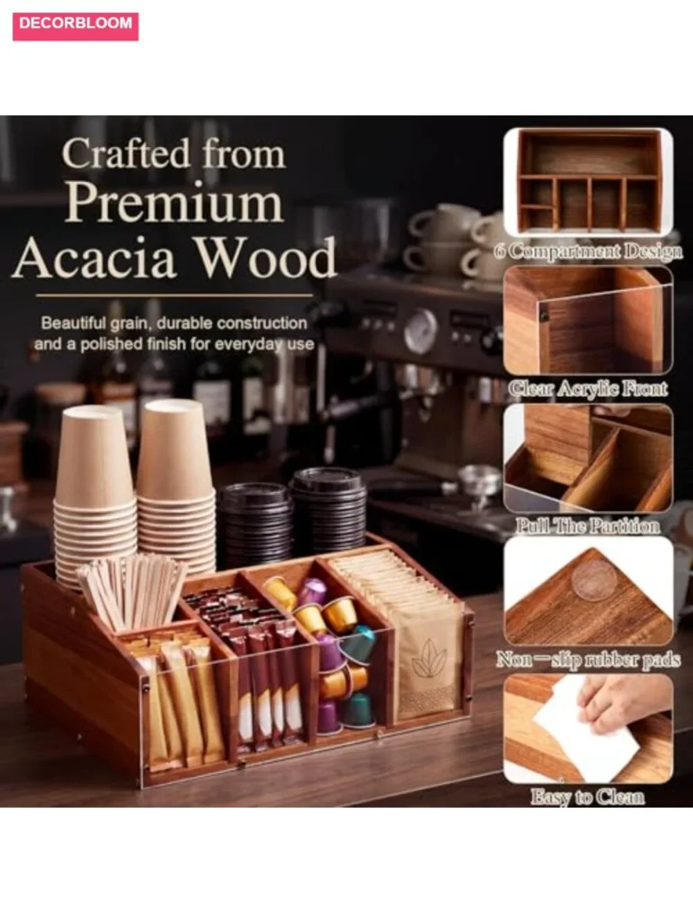 Acacia Wood Coffee Station Organizer for Countertop - 6 Compartments, Clear